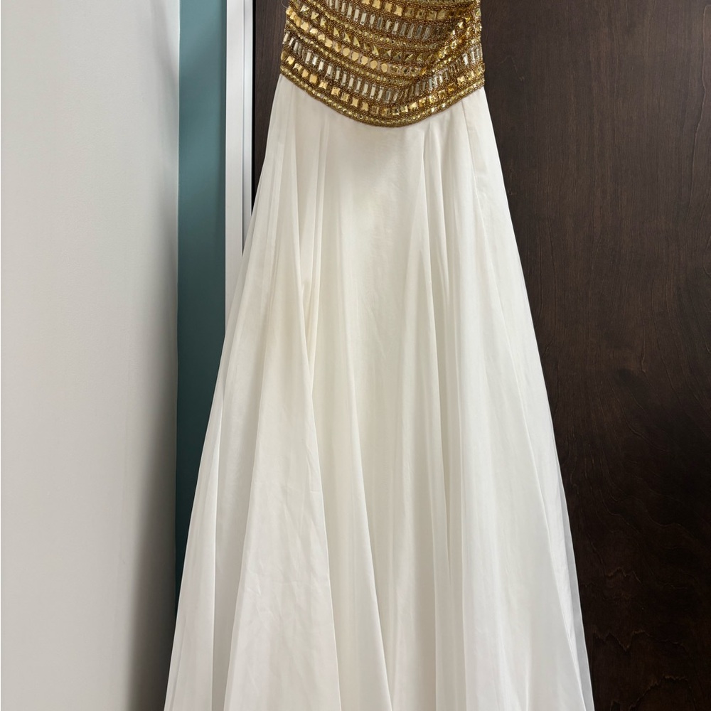 Sherri Hill White Gown with Gold Sequin Bodice
